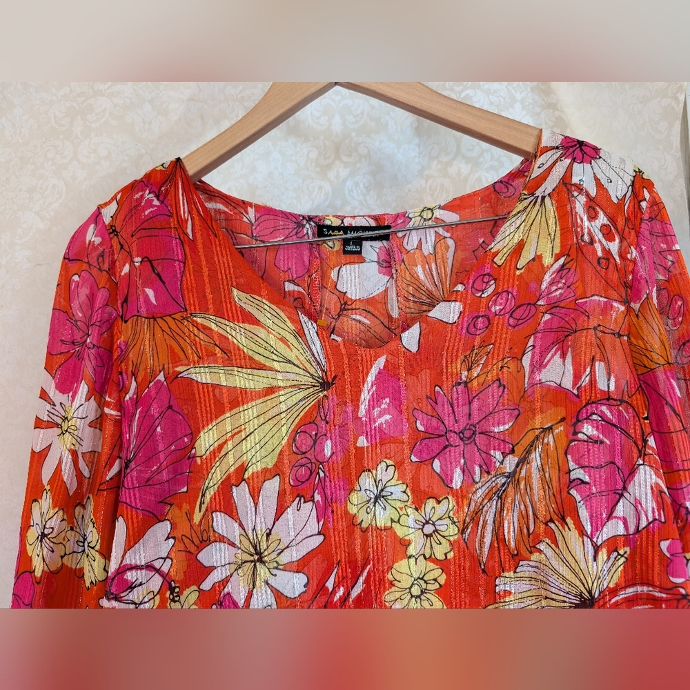 Sara Michelle Top Sz. Large Bright Orange Floral - Picture 4 of 16